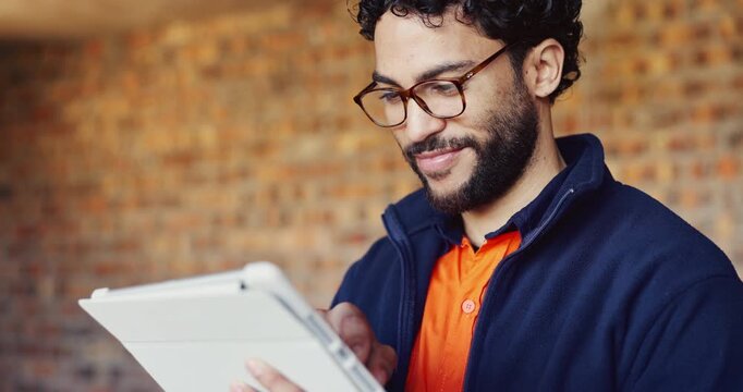 Man, architect or inspection with tablet on construction site for building plan, security or safety. Male person, contractor or civil engineer with technology for infrastructure, design or layout