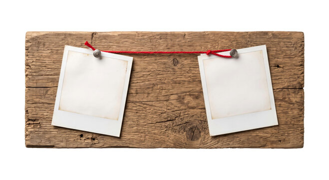 Two blank instant photos displayed on a rustic wooden board with red string