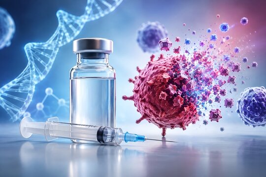 Photorealistic Medical Vaccine Vial and Syringe with Cancer Cell Concept, Advanced Immunotherapy and Biotechnology Research