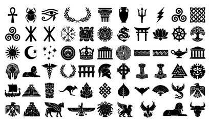 Obraz premium Historical Ancient Symbol Silhouettes Vector Collection Black Mythology Icons