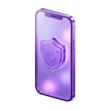 3D render of a purple smartphone displaying a glowing security shield icon with a checkmark symbol, representing modern cybersecurity, mobile protection, and digital privacy safety online