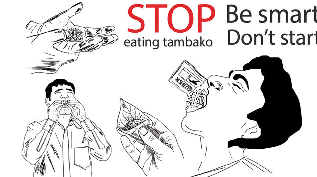 Anti-tobacco awareness illustration, stop eating tambako health campaign poster, line art drawing of man consuming smokeless tobacco products