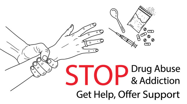 Stop drug abuse and addiction awareness poster, hand reaching for help illustration, narcotic paraphernalia and rehabilitation concept