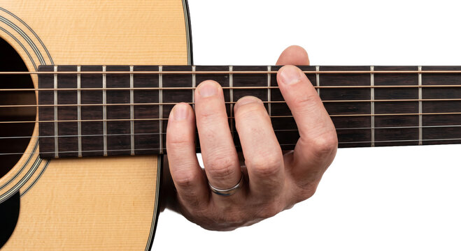 Close-up of a hand playing an acoustic guitar chord on the fretboard