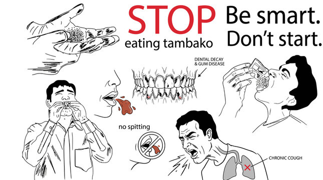 Anti-tobacco health awareness poster, stop eating tambako campaign illustration, dental decay and chronic cough medical warning signs