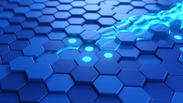 Glowing Blue Hexagonal Grid with Flowing Data Stream - Futuristic Technology Background