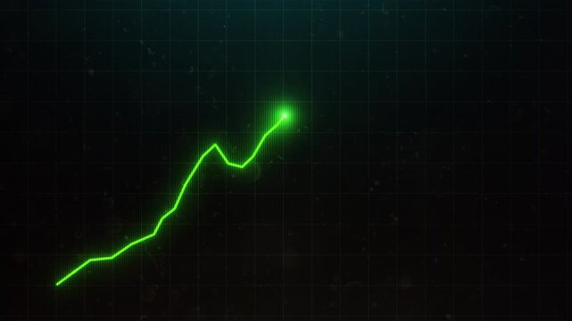 Green glowing stock market growth line, rising financial chart on dark grid background, digital business success and economic profit visualization