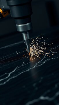 Industrial precision tool carving intricate patterns into polished dark stone slab