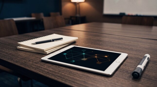 Tablet mit Netzwerkdiagramm in Nahaufnahme auf Konferenztisch