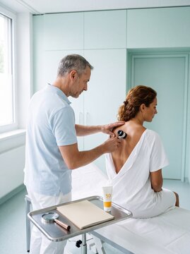 Hautarzt untersucht Muttermal am R&uuml;cken mit Dermatoskop