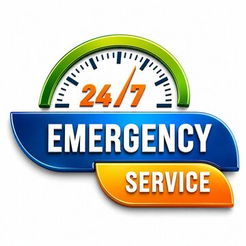 24/7 emergency service speedometer vector badge with orange and blue colors
