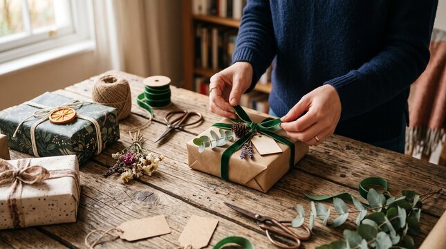 Hands tying a green velvet ribbon on a beautifully wrapped gift box with natural decorations on a rustic wooden table