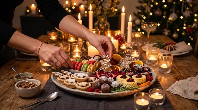 Festive Christmas Dessert Platter with Hand Placing Gingerbread Tree Amidst Candles and Tree Lights