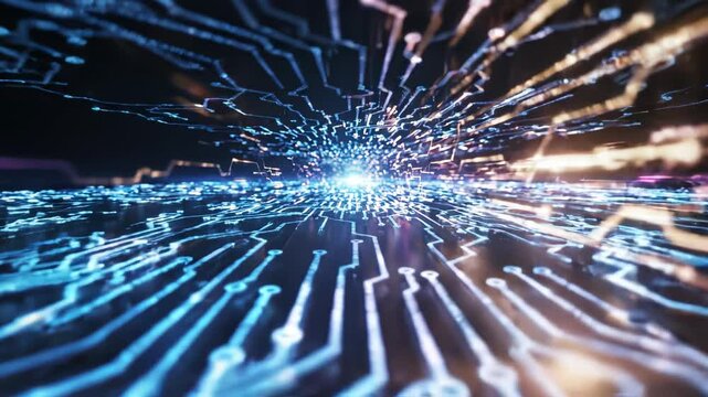 Futuristic Circuit Board with Glowing Data Flow and Expanding Digital Network