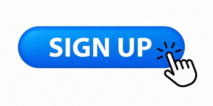 Blue sign up button with finger clicking and sparkle effect