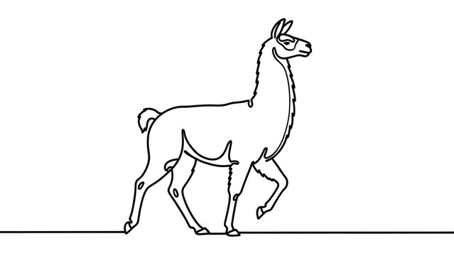 Line art drawing of a walking llama white background.
