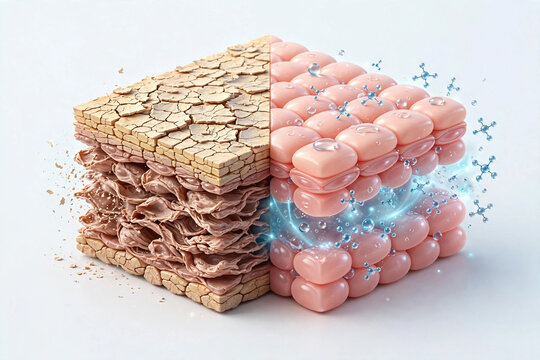 Cross Section of Dry Damaged Skin vs Hydrated Healthy Skin Layer with Water Drops and Molecules 3D Illustration