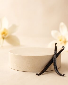 Smooth beige plaster display podium leaning with vanilla bean pods for delicate organic product stage