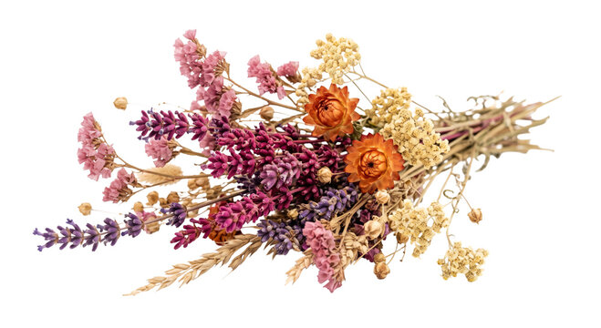 A beautiful arrangement of dried flowers and lavender with wheat stalks