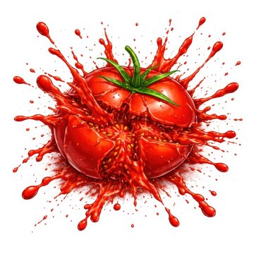 Illustration of a vibrant red tomato exploding with juice splashes.
