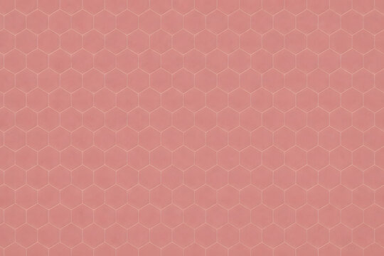 Dusty rose ceramic hexagon wall tiles with light grout lines in a seamless honeycomb layout