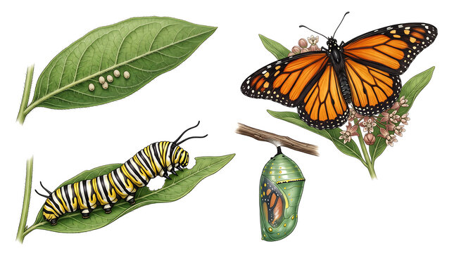 Detailed Illustration Of The Monarch Butterfly Life Cycle Featuring Growth Stages From Egg To Adult