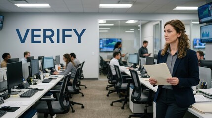 Fototapeta premium Female journalist holding documents in busy newsroom office