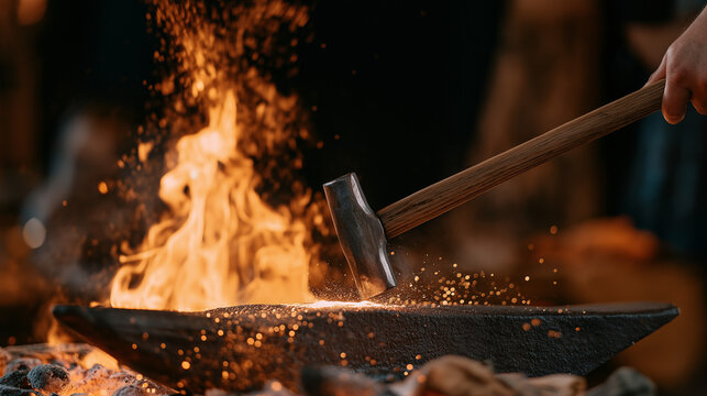 Blacksmith at Work: A blacksmith hammers a glowing piece of metal on an anvil, surrounded by a fiery forge and sparks flying.