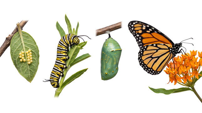 Complete monarch butterfly life cycle showing eggs, caterpillar, chrysalis, and adult insect