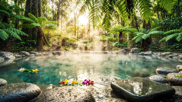 Serene Hot Spring in Lush Rainforest at Sunrise with Steam and Floating Flowers