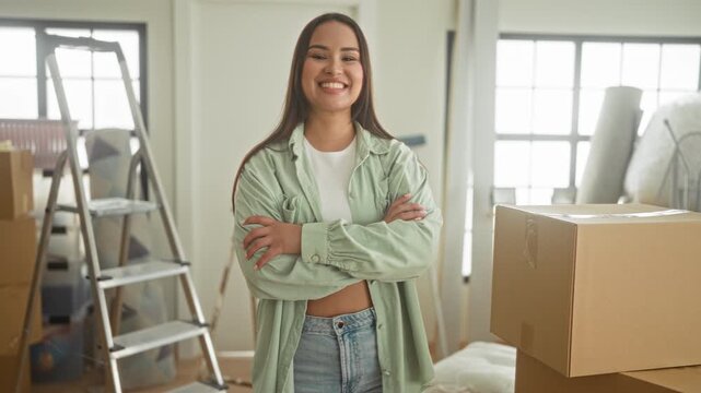 Woman with arms crossed beside stacked cardboard moving boxes in a sunlit residential building; moving day confidence.
