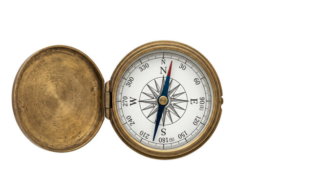 Vintage brass compass with an open lid showing directional markings and a needle