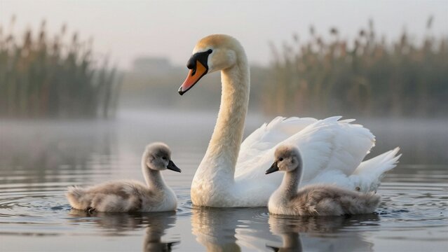 A graceful swan mother swims with her two fluffy cygnets on a serene, mist-covered lake surrounded by reeds at dawn.