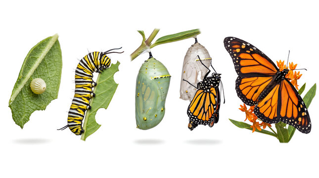 Monarch butterfly life cycle stages from egg and caterpillar to chrysalis and adult insect