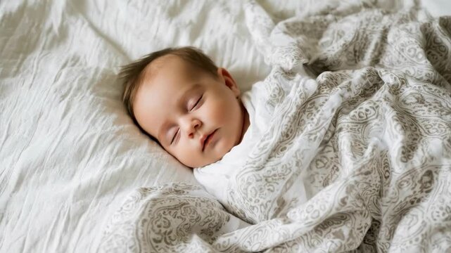 Baby sleeping on a white sheet, feeling calm and innocent