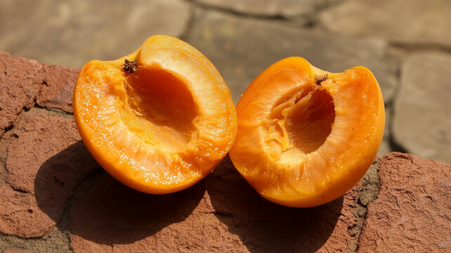 Fresh apricot halves with juicy texture in bright sunlight