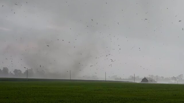 A powerful tornado is lifting debris into the air as it approaches a farm.
