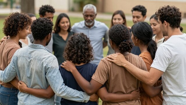A diverse group of people hugging each other in a supportive circle outdoors, showing unity and connection.