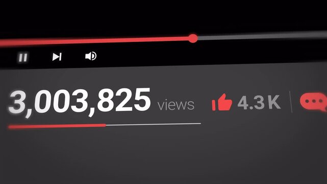 Social media video player interface with 3,003,825 views, viral video engagement metrics on dark screen, digital content performance and analytics