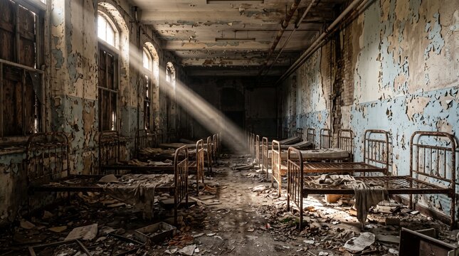 Eerie abandoned hospital ward, decaying interior with peeling paint and rusty beds, dramatic light rays illuminating a forgotten, derelict asylum.