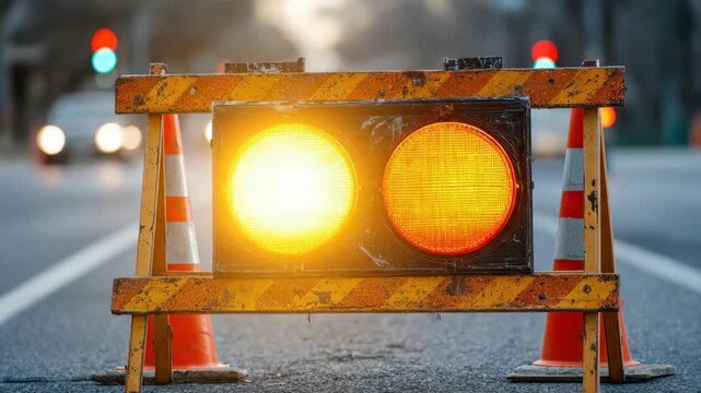 Road construction warning lights flashing on street