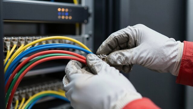 Skilled electrician wearing protective gloves installs colorful network cables into server rack connectors for reliable data transmission.