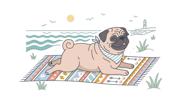 Cute pug dog lying on a colorful towel at the beach enjoying sunny summer day vector illustration