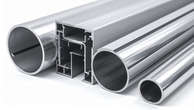 "A collection of aluminum profiles and hollow tubes with rectangular and circular cross-sections, neatly arranged, showcasing precision extrusion, polished finish, and industrial engineering applicati