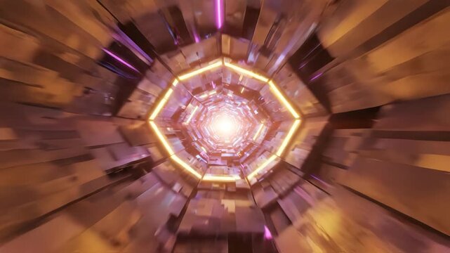 Futuristic Hexagonal Tunnel with Neon Blue and Purple Lights, Fast Motion Through Sci-Fi Corridor