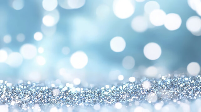 Close up of blue glitter textures with sparkling bokeh effect creating magical atmosphere