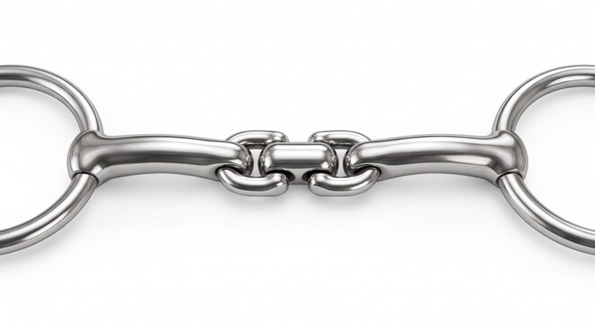Macro of an equestrian snaffle bit central joint. Heavy interlocking polished stainless steel hinge with smooth rounded rings.