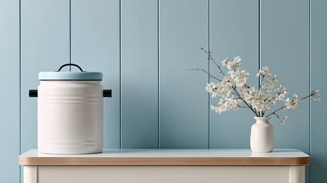 White canister and white vase with cherry blossoms on a table against a light blue wood wall