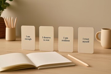 Fototapeta premium Four affirmation cards with positive text on a light wood desk