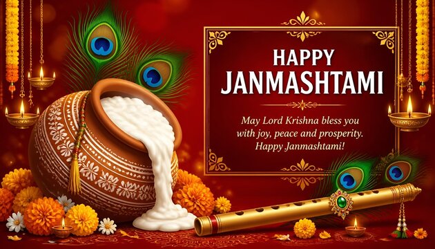 Greeting background for Hindu festival Krishna Janmashtami (birth of Lord Krishna). Vector illustration.